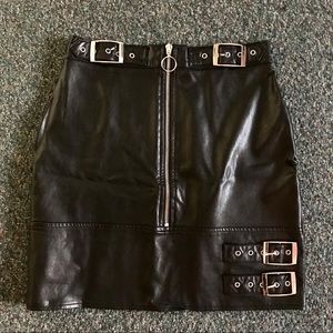 Black Faux Leather Buckle Skirt